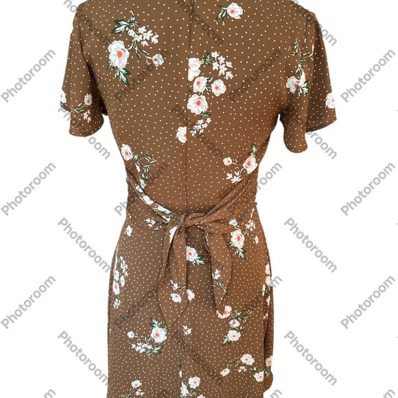 Ann Taylor Brown Floral Short Sleeve Belted Zip Lined Dress Size 0 - Picture 5 of 6